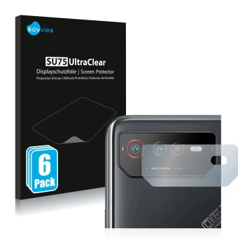 Parte frontal de un envase de producto con el logotipo de la marca Savvies. Al lado se muestra el dispositivo ASUS ROG Phone 6