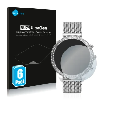 Parte frontal de un envase de producto con el logotipo de la marca Savvies. Al lado se muestra el dispositivo Fossil Stella (6