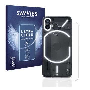 Parte frontal de un envase de producto con el logotipo de la marca Savvies. Al lado se muestra el dispositivo Nothing Phone (1