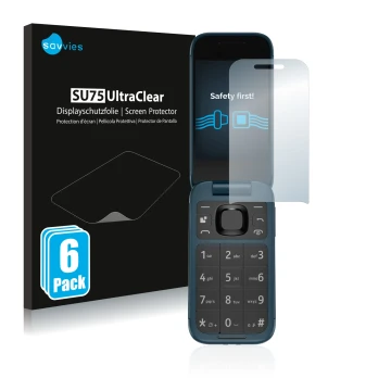 Parte frontal de un envase de producto con el logotipo de la marca Savvies. Al lado se muestra el dispositivo Nokia 2660 Flip 