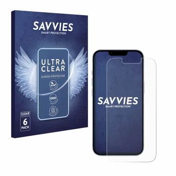 Parte frontal de un envase de producto con el logotipo de la marca Savvies. Al lado se muestra el dispositivo Apple iPhone 14 