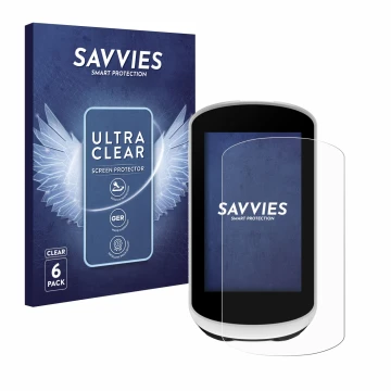 Parte frontal de un envase de producto con el logotipo de la marca Savvies. Al lado se muestra el dispositivo Garmin Edge Expl
