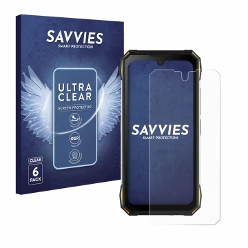 Parte frontal de un envase de producto con el logotipo de la marca Savvies. Al lado se muestra el dispositivo Doogee S89 Pro c