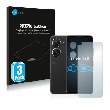 Parte frontal de un envase de producto con el logotipo de la marca Savvies. Al lado se muestra el dispositivo ASUS ZenFone 9 (