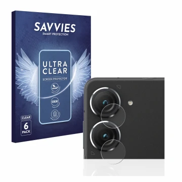 Parte frontal de un envase de producto con el logotipo de la marca Savvies. Al lado se muestra el dispositivo ASUS ZenFone 9 (