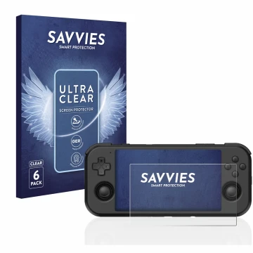 Parte frontal de un envase de producto con el logotipo de la marca Savvies. Al lado se muestra el dispositivo Retroid Pocket 3