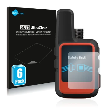 Parte frontal de un envase de producto con el logotipo de la marca Savvies. Al lado se muestra el dispositivo Garmin inReach M