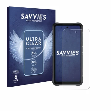 Parte frontal de un envase de producto con el logotipo de la marca Savvies. Al lado se muestra el dispositivo Umidigi Bison 2 