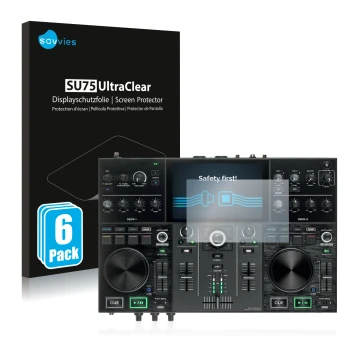Parte frontal de un envase de producto con el logotipo de la marca Savvies. Al lado se muestra el dispositivo Denon DJ Prime G