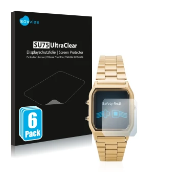 Parte frontal de un envase de producto con el logotipo de la marca Savvies. Al lado se muestra el dispositivo Casio AQ-230GA c