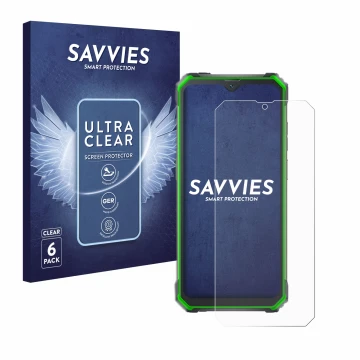 Parte frontal de un envase de producto con el logotipo de la marca Savvies. Al lado se muestra el dispositivo Blackview BV7100