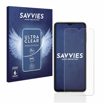 Parte frontal de un envase de producto con el logotipo de la marca Savvies. Al lado se muestra el dispositivo Samsung Galaxy A