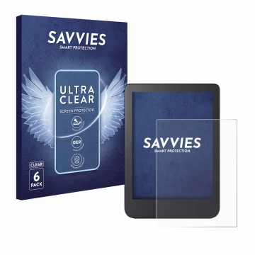 Parte frontal de un envase de producto con el logotipo de la marca Savvies. Al lado se muestra el dispositivo Kobo Clara 2E co