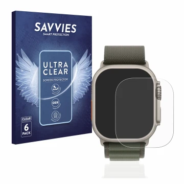Parte frontal de un envase de producto con el logotipo de la marca Savvies. Al lado se muestra el dispositivo Apple Watch Ultr