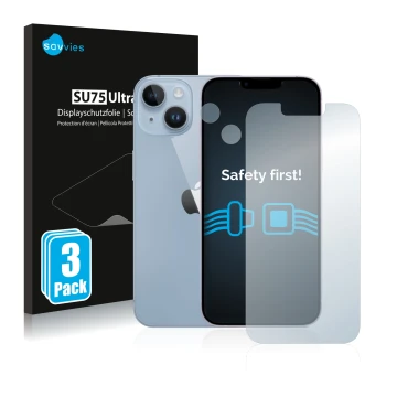 Parte frontal de un envase de producto con el logotipo de la marca Savvies. Al lado se muestra el dispositivo Apple iPhone 14 