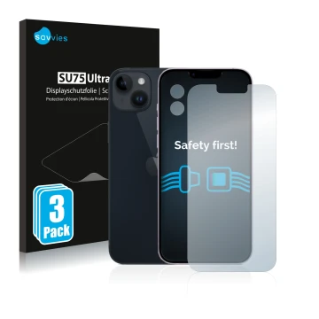 Parte frontal de un envase de producto con el logotipo de la marca Savvies. Al lado se muestra el dispositivo Apple iPhone 14 