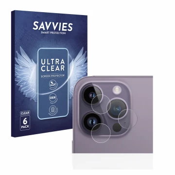 Parte frontal de un envase de producto con el logotipo de la marca Savvies. Al lado se muestra el dispositivo Apple iPhone 14 