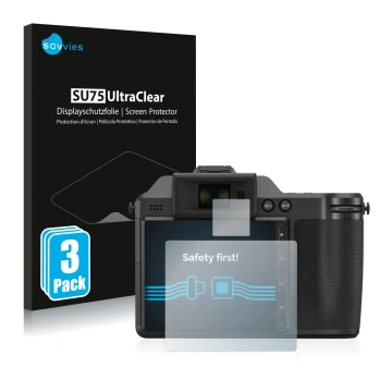 Parte frontal de un envase de producto con el logotipo de la marca Savvies. Al lado se muestra el dispositivo Hasselblad X2D 1