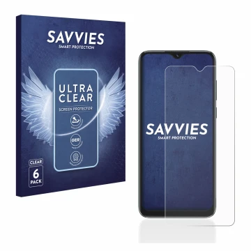 Parte frontal de un envase de producto con el logotipo de la marca Savvies. Al lado se muestra el dispositivo Blackview A55 co