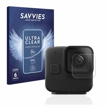 Parte frontal de un envase de producto con el logotipo de la marca Savvies. Al lado se muestra el dispositivo GoPro Hero 11 mi
