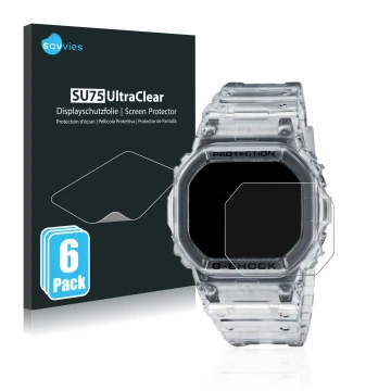 Parte frontal de un envase de producto con el logotipo de la marca Savvies. Al lado se muestra el dispositivo Casio G-Shock DW