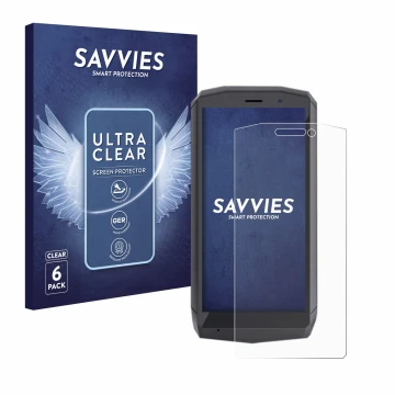 Parte frontal de un envase de producto con el logotipo de la marca Savvies. Al lado se muestra el dispositivo Cubot Pocket con