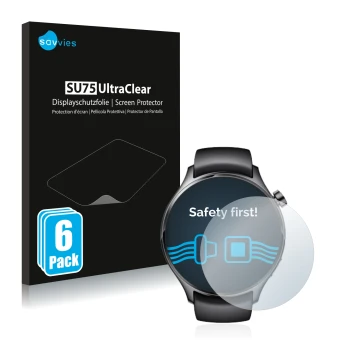 Parte frontal de un envase de producto con el logotipo de la marca Savvies. Al lado se muestra el dispositivo Xiaomi Watch S1 