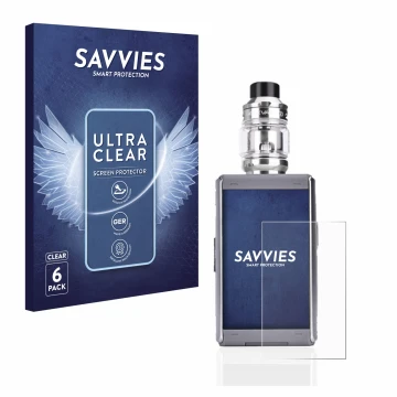 Parte frontal de un envase de producto con el logotipo de la marca Savvies. Al lado se muestra el dispositivo GeekVape T200 co
