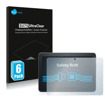 Parte frontal de un envase de producto con el logotipo de la marca Savvies. Al lado se muestra el dispositivo Amazon Fire HD 8