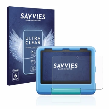 Parte frontal de un envase de producto con el logotipo de la marca Savvies. Al lado se muestra el dispositivo Amazon Fire HD 8