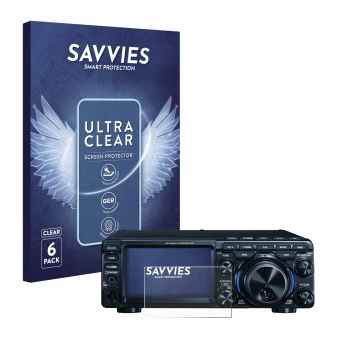Parte frontal de un envase de producto con el logotipo de la marca Savvies. Al lado se muestra el dispositivo Yaesu FT-710 con