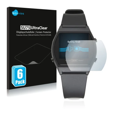 Parte frontal de un envase de producto con el logotipo de la marca Savvies. Al lado se muestra el dispositivo Casio LW-204-1BE