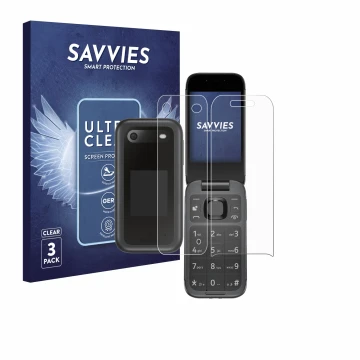 Parte frontal de un envase de producto con el logotipo de la marca Savvies. Al lado se muestra el dispositivo Nokia 2660 Flip 