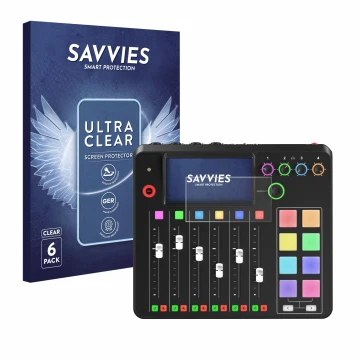 Parte frontal de un envase de producto con el logotipo de la marca Savvies. Al lado se muestra el dispositivo Rode Rodecaster 