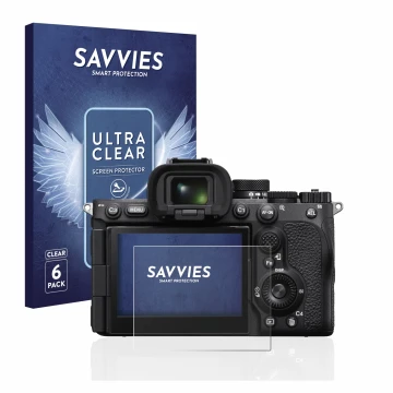 Parte frontal de un envase de producto con el logotipo de la marca Savvies. Al lado se muestra el dispositivo Sony Alpha 7R V 