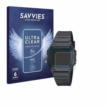 Parte frontal de un envase de producto con el logotipo de la marca Savvies. Al lado se muestra el dispositivo Casio F-105W-1AW
