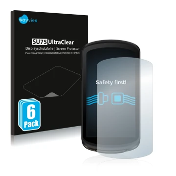 Parte frontal de un envase de producto con el logotipo de la marca Savvies. Al lado se muestra el dispositivo Garmin Edge 1040