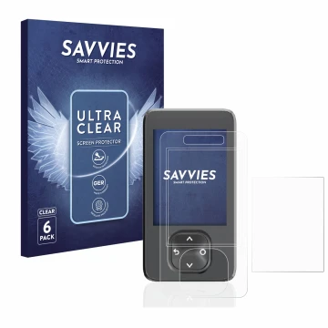 Parte frontal de un envase de producto con el logotipo de la marca Savvies. Al lado se muestra el dispositivo Dexcom G7 CGM co