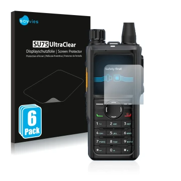 Parte frontal de un envase de producto con el logotipo de la marca Savvies. Al lado se muestra el dispositivo Hytera HP 685 co