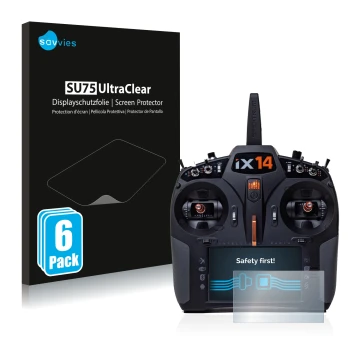 Parte frontal de un envase de producto con el logotipo de la marca Savvies. Al lado se muestra el dispositivo Spektrum iX14 co