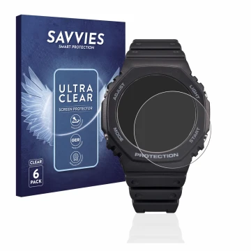 Parte frontal de un envase de producto con el logotipo de la marca Savvies. Al lado se muestra el dispositivo Casio G-Shock GA