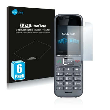 Parte frontal de un envase de producto con el logotipo de la marca Savvies. Al lado se muestra el dispositivo Gigaset S700H PR