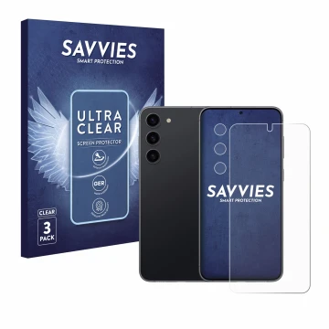 Parte frontal de un envase de producto con el logotipo de la marca Savvies. Al lado se muestra el dispositivo Samsung Galaxy S