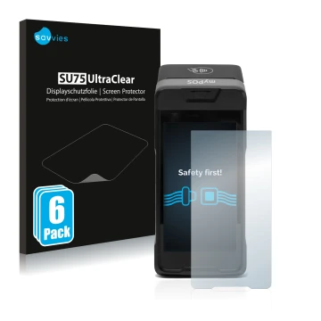 Parte frontal de un envase de producto con el logotipo de la marca Savvies. Al lado se muestra el dispositivo myPOS Carbon con