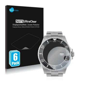 Parte frontal de un envase de producto con el logotipo de la marca Savvies. Al lado se muestra el dispositivo Rolex Sea-Dwelle