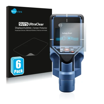 Parte frontal de un envase de producto con el logotipo de la marca Savvies. Al lado se muestra el dispositivo Bosch D-tect 200