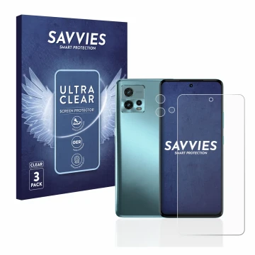 Parte frontal de un envase de producto con el logotipo de la marca Savvies. Al lado se muestra el dispositivo Motorola Moto G7