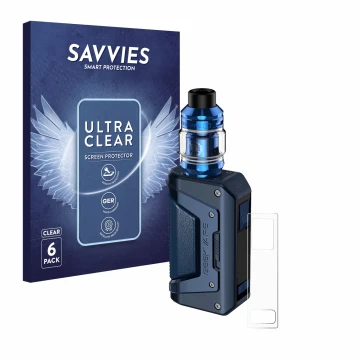 Parte frontal de un envase de producto con el logotipo de la marca Savvies. Al lado se muestra el dispositivo GeekVape Aegis L