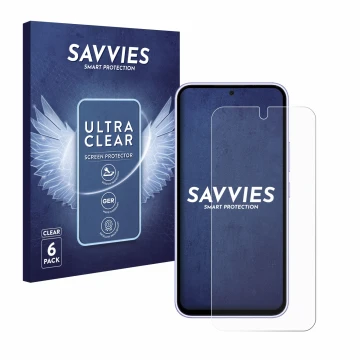 Parte frontal de un envase de producto con el logotipo de la marca Savvies. Al lado se muestra el dispositivo Samsung Galaxy A