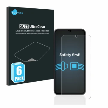 Parte frontal de un envase de producto con el logotipo de la marca Savvies. Al lado se muestra el dispositivo Samsung Galaxy A